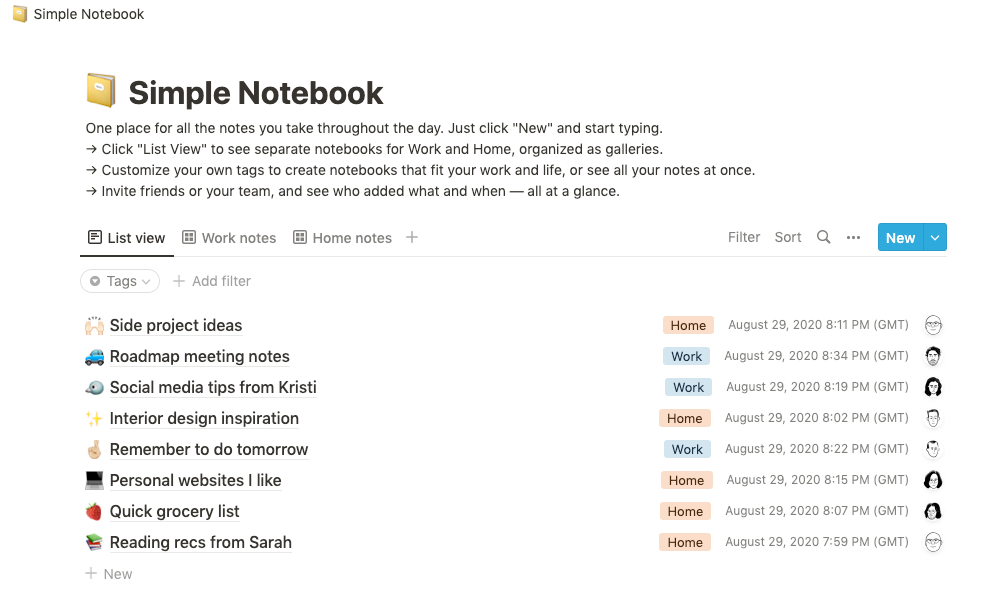 Simple Notebook Notion template